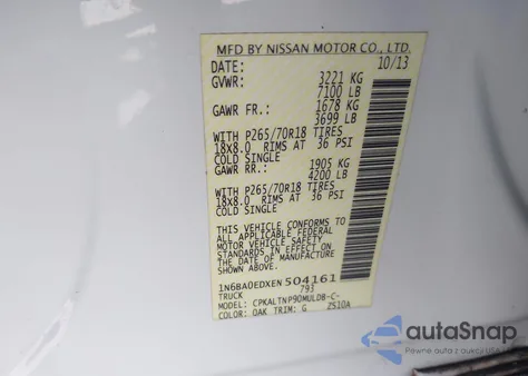 2014 Nissan Titan Sv z USA, uszkodzony, nr VIN 1N6BA0EDXEN504161